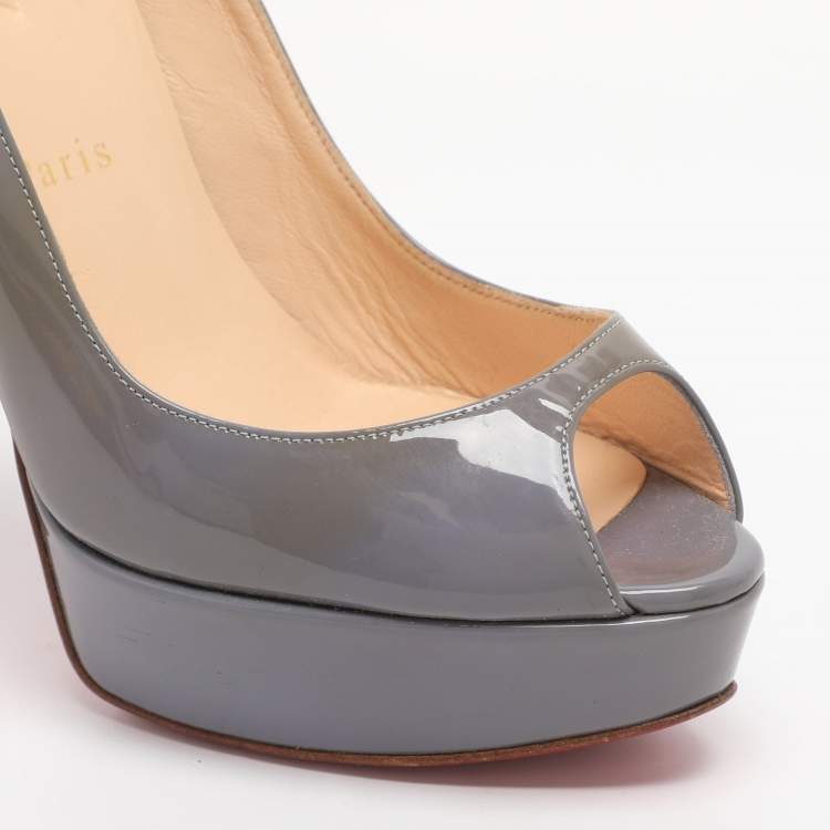 Pre Owned Christian Louboutin Banana Size 37.5 Purple Patent Leather Peep Toe Platform Pumps