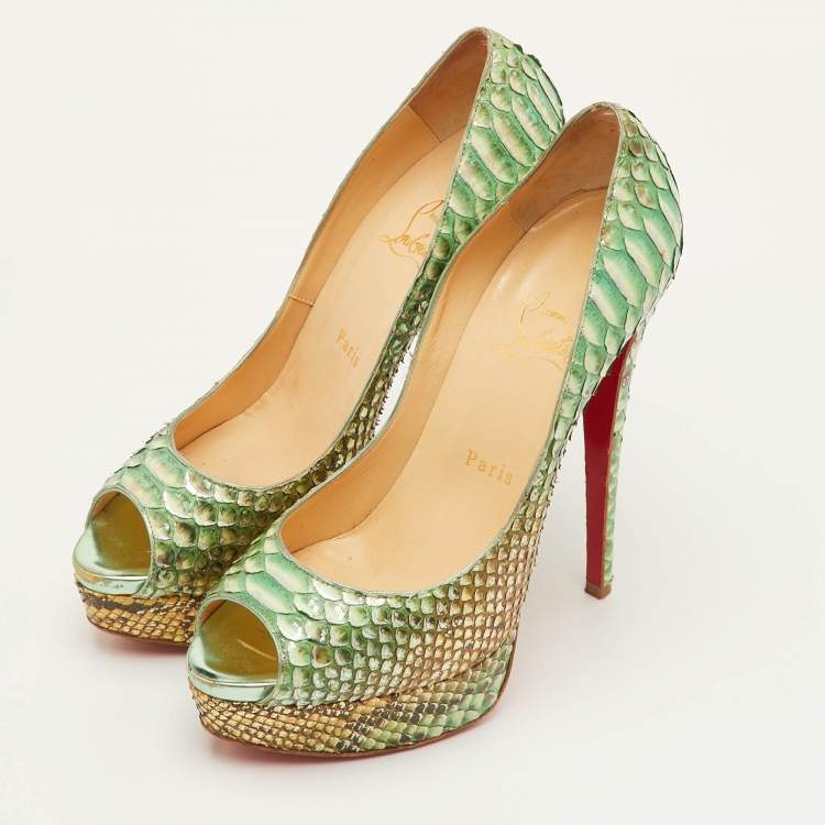 Pre Owned Christian Louboutin Lady Peep Size 38.5 Multicolor Python Leather Peep Toe Platform Pumps