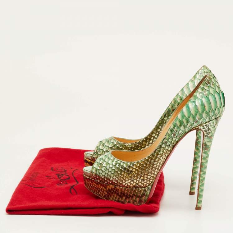 Pre Owned Christian Louboutin Lady Peep Size 38.5 Multicolor Python Leather Peep Toe Platform Pumps