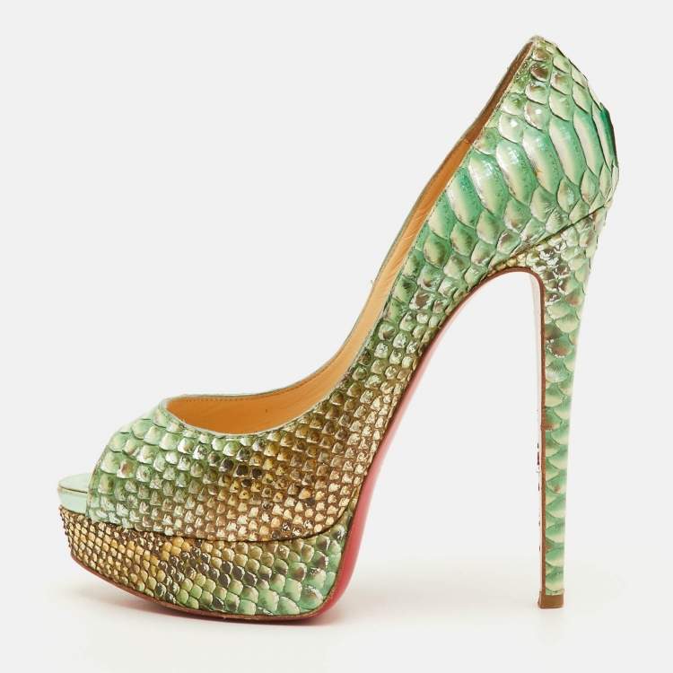 Pre Owned Christian Louboutin Lady Peep Size 38.5 Multicolor Python Leather Peep Toe Platform Pumps