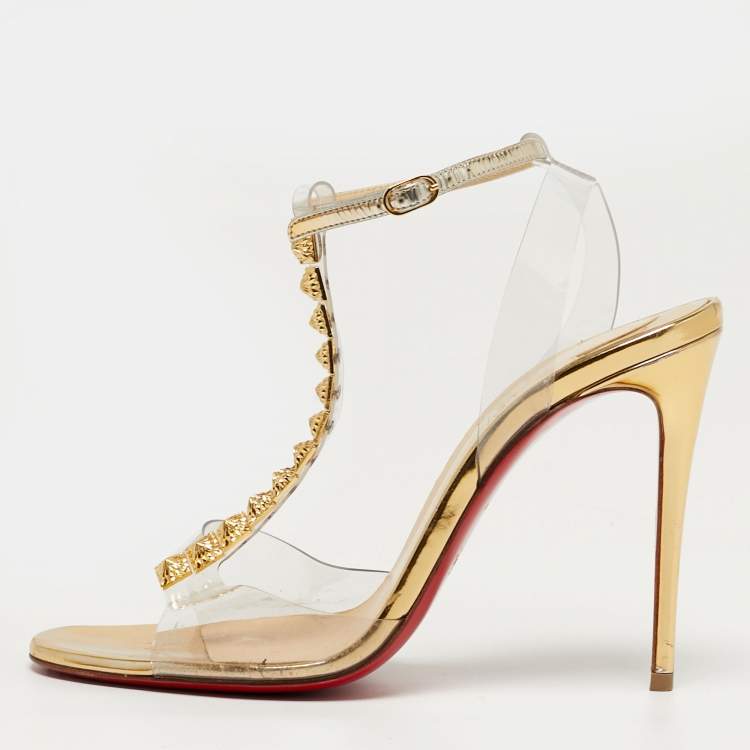 Pre Owned Christian Louboutin Jamais Assez Size 37 Gold Leather and PVC Ankle Strap Sandals