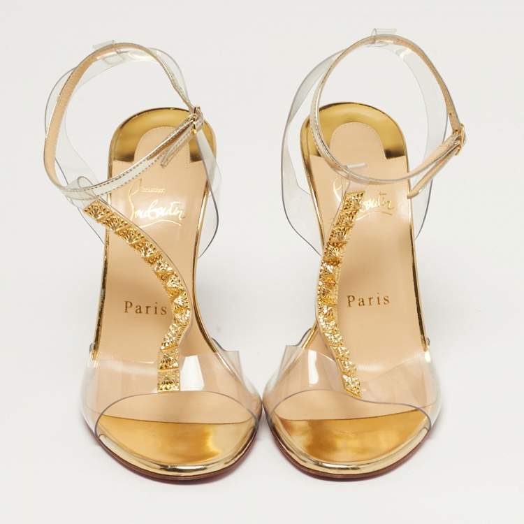 Pre Owned Christian Louboutin Jamais Assez Size 37 Gold Leather and PVC Ankle Strap Sandals