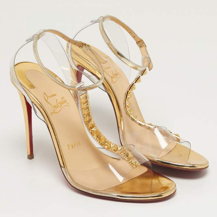 Pre Owned Christian Louboutin Jamais Assez Size 37 Gold Leather and PVC Ankle Strap Sandals