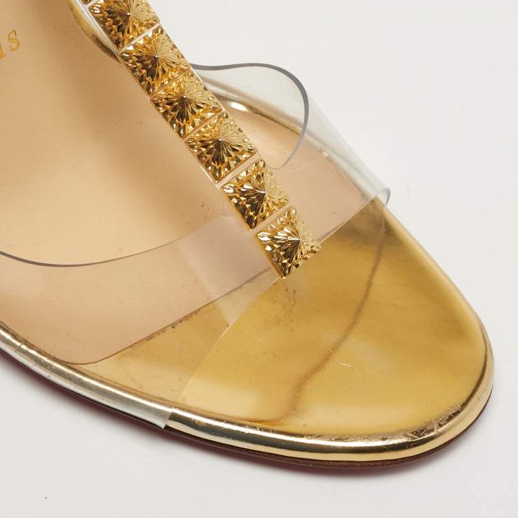 Pre Owned Christian Louboutin Jamais Assez Size 37 Gold Leather and PVC Ankle Strap Sandals