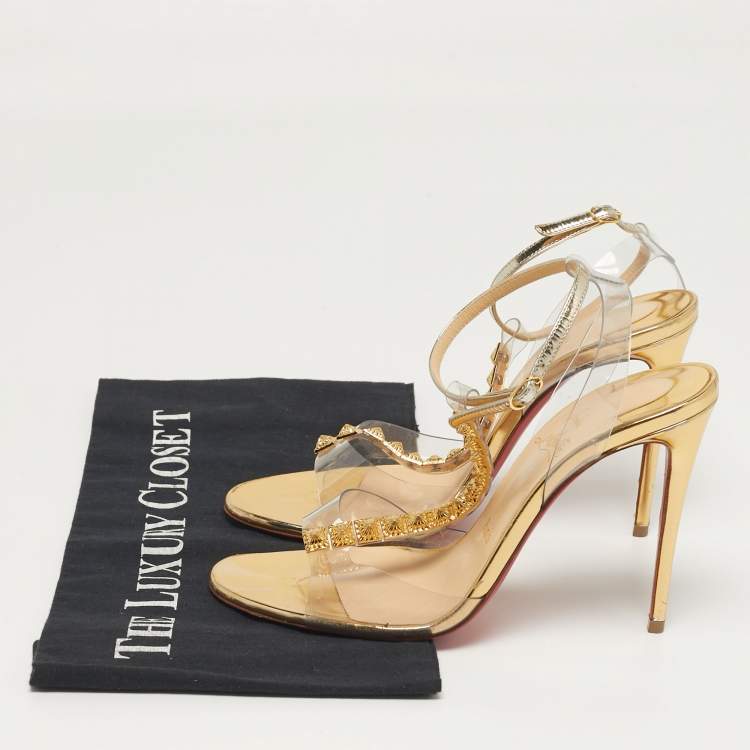 Pre Owned Christian Louboutin Jamais Assez Size 37 Gold Leather and PVC Ankle Strap Sandals