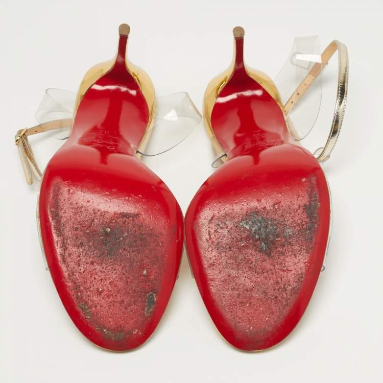 Pre Owned Christian Louboutin Jamais Assez Size 37 Gold Leather and PVC Ankle Strap Sandals