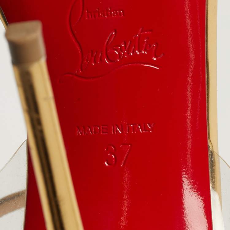 Pre Owned Christian Louboutin Jamais Assez Size 37 Gold Leather and PVC Ankle Strap Sandals