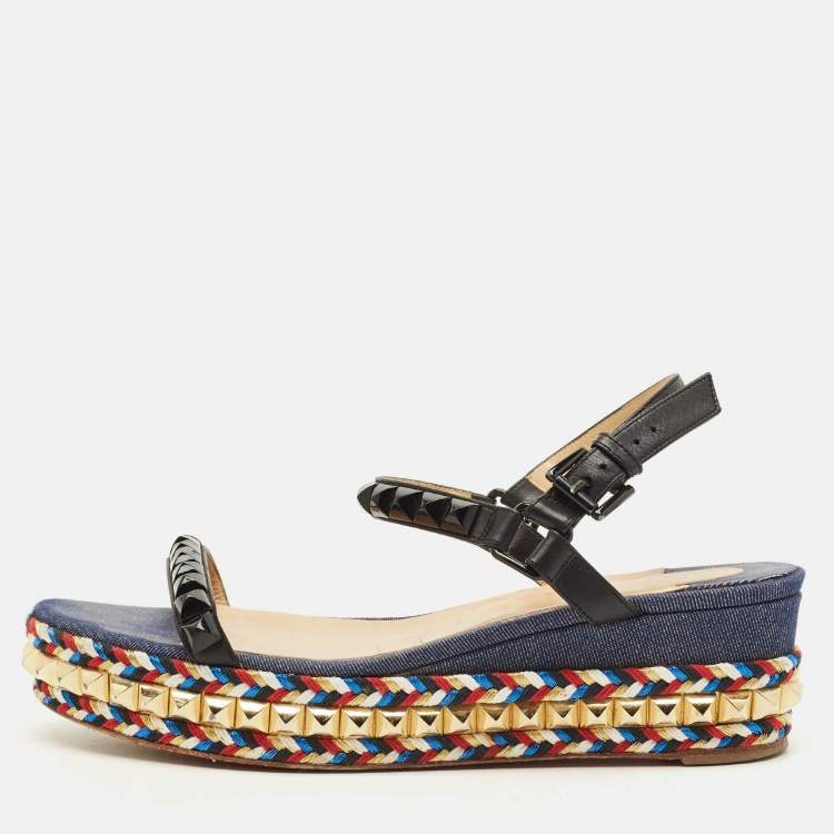 Pre Owned Christian Louboutin Pyraclou Size 40 Multicolor Denim and Leather Studded Ankle Strap Platform Sandals