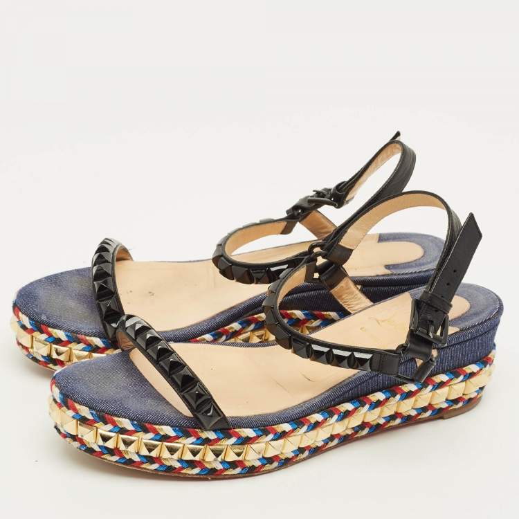 Pre Owned Christian Louboutin Pyraclou Size 40 Multicolor Denim and Leather Studded Ankle Strap Platform Sandals