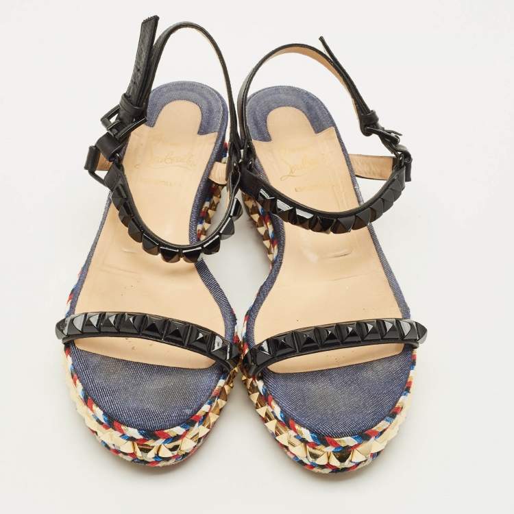 Pre Owned Christian Louboutin Pyraclou Size 40 Multicolor Denim and Leather Studded Ankle Strap Platform Sandals
