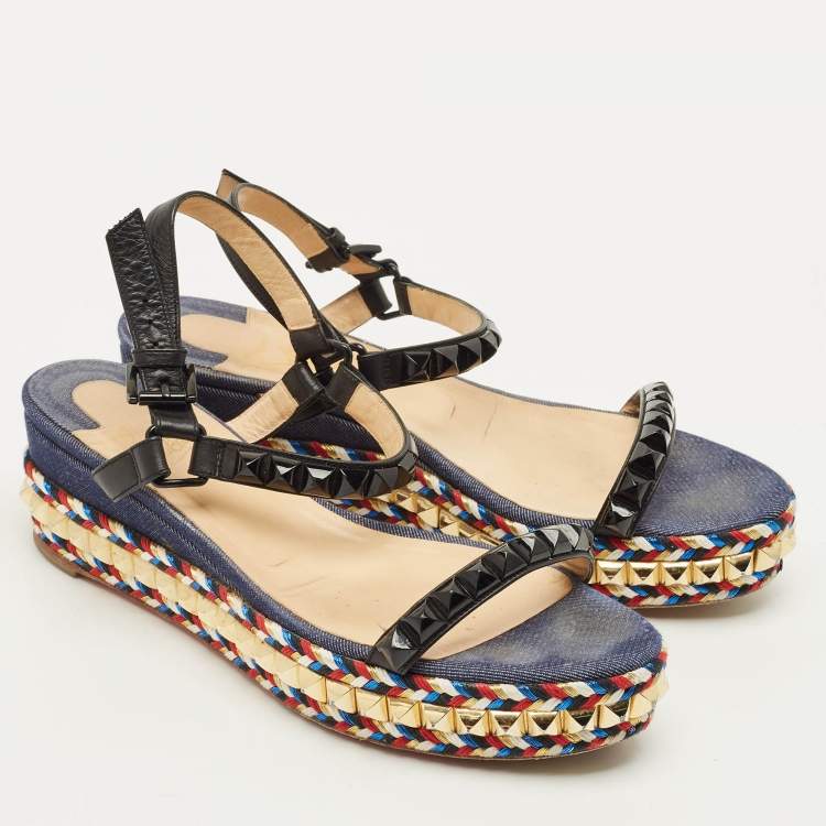 Pre Owned Christian Louboutin Pyraclou Size 40 Multicolor Denim and Leather Studded Ankle Strap Platform Sandals