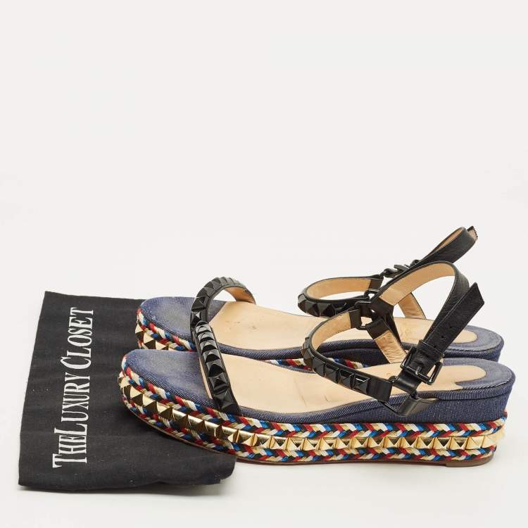 Pre Owned Christian Louboutin Pyraclou Size 40 Multicolor Denim and Leather Studded Ankle Strap Platform Sandals