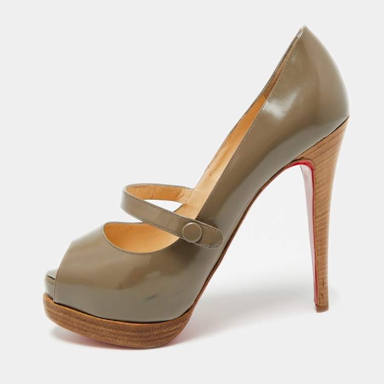 Pre Owned Christian Louboutin Zeppa Size 38.5 Grey Patent Leather Platform Peep Toe Pumps