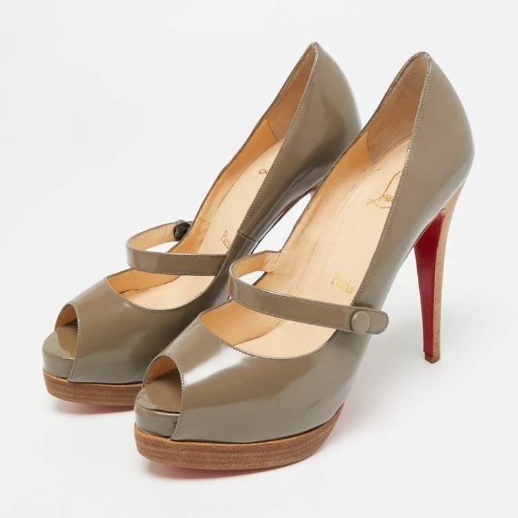 Pre Owned Christian Louboutin Zeppa Size 38.5 Grey Patent Leather Platform Peep Toe Pumps