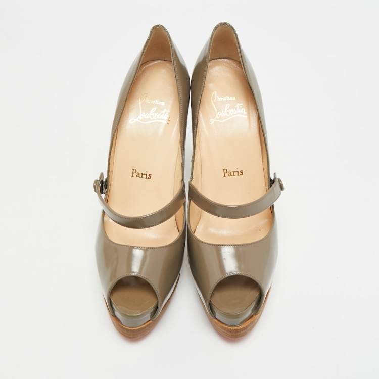 Pre Owned Christian Louboutin Zeppa Size 38.5 Grey Patent Leather Platform Peep Toe Pumps