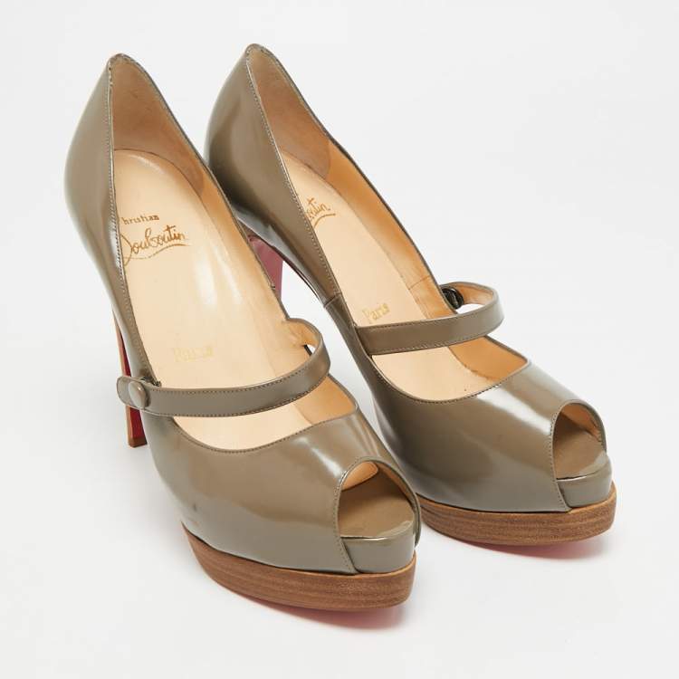 Pre Owned Christian Louboutin Zeppa Size 38.5 Grey Patent Leather Platform Peep Toe Pumps