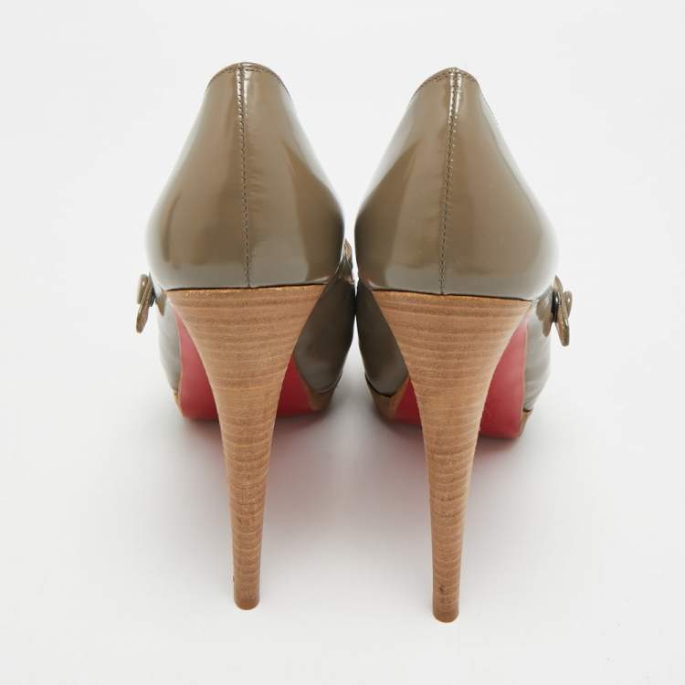 Pre Owned Christian Louboutin Zeppa Size 38.5 Grey Patent Leather Platform Peep Toe Pumps