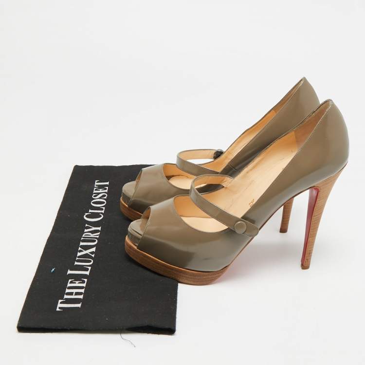 Pre Owned Christian Louboutin Zeppa Size 38.5 Grey Patent Leather Platform Peep Toe Pumps