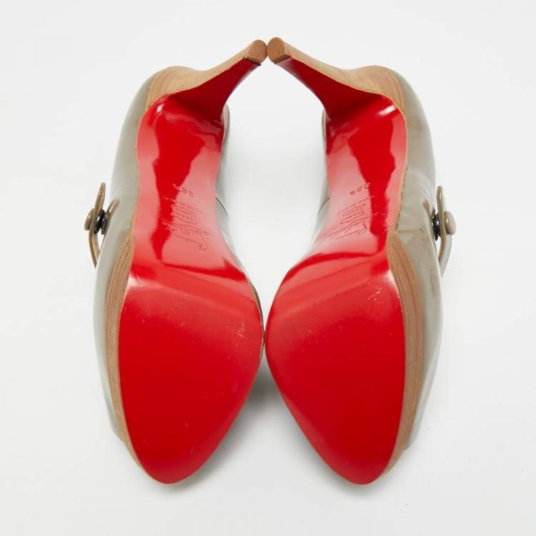 Pre Owned Christian Louboutin Zeppa Size 38.5 Grey Patent Leather Platform Peep Toe Pumps