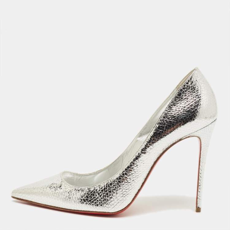 Pre Owned Christian Louboutin Kate 100 Size 39 Silver Foil Leather Pumps