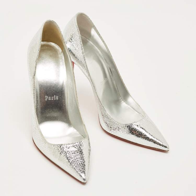 Pre Owned Christian Louboutin Kate 100 Size 39 Silver Foil Leather Pumps