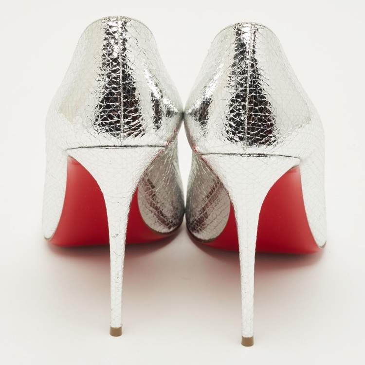 Pre Owned Christian Louboutin Kate 100 Size 39 Silver Foil Leather Pumps