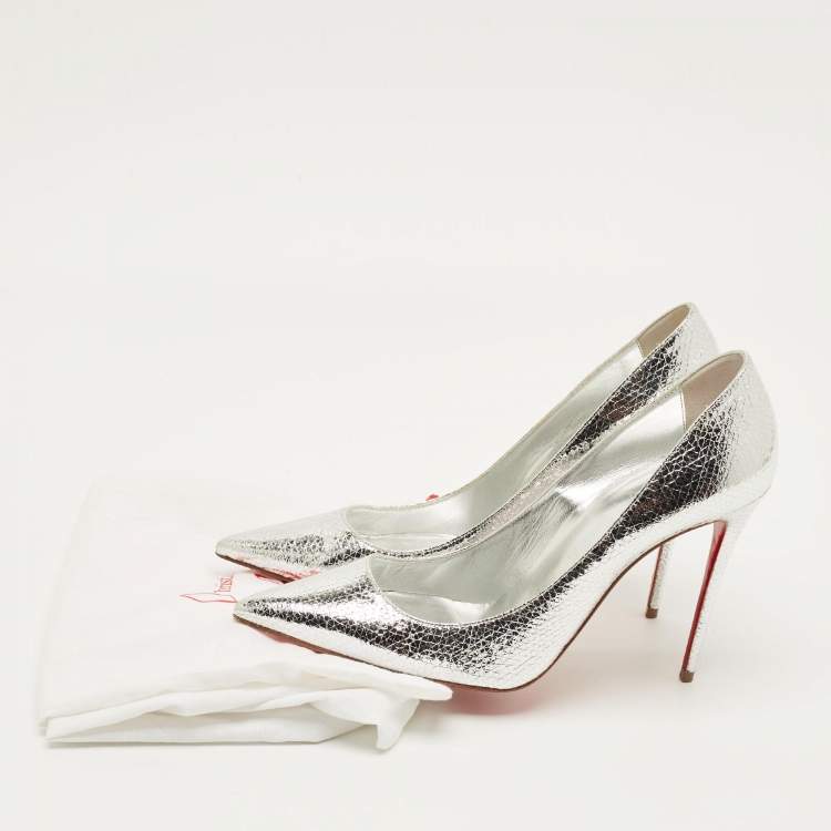 Pre Owned Christian Louboutin Kate 100 Size 39 Silver Foil Leather Pumps