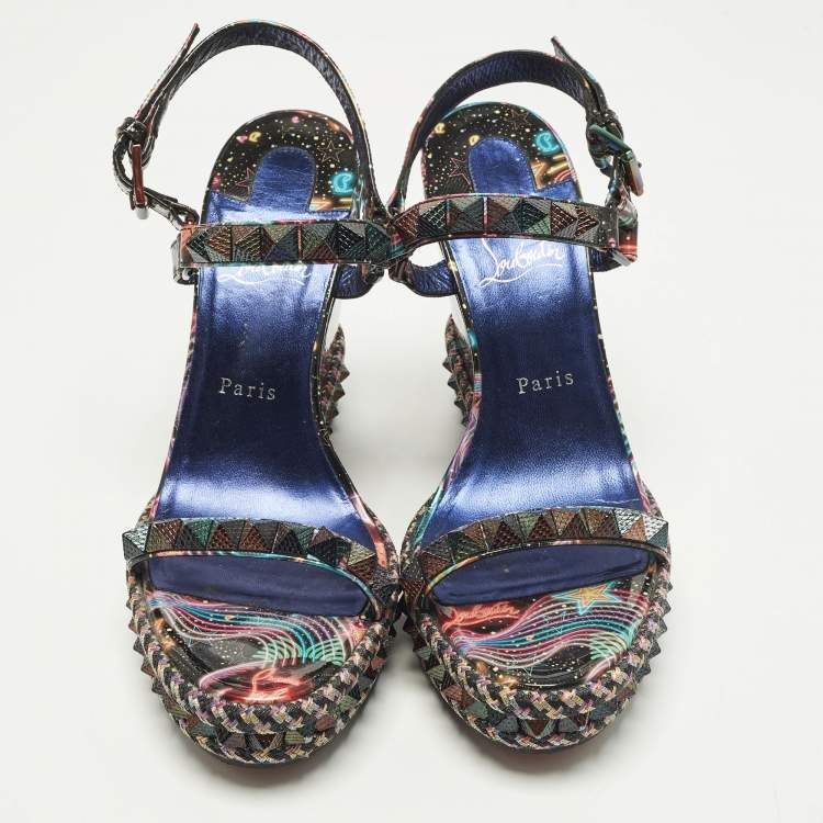 Pre Owned Christian Louboutin Pyraclou Size 40 Multicolor Patent Leather Wedge Sandals