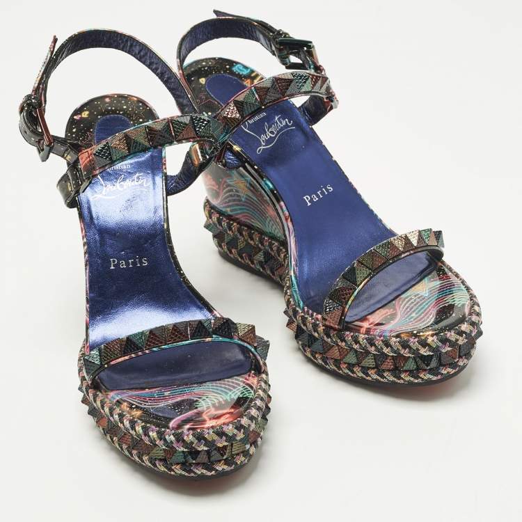 Pre Owned Christian Louboutin Pyraclou Size 40 Multicolor Patent Leather Wedge Sandals