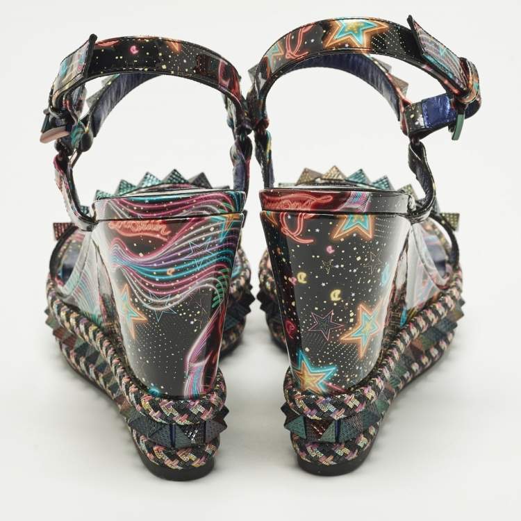 Pre Owned Christian Louboutin Pyraclou Size 40 Multicolor Patent Leather Wedge Sandals
