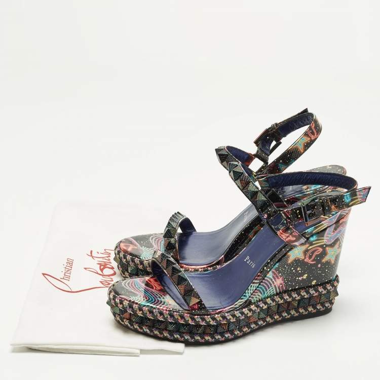 Pre Owned Christian Louboutin Pyraclou Size 40 Multicolor Patent Leather Wedge Sandals