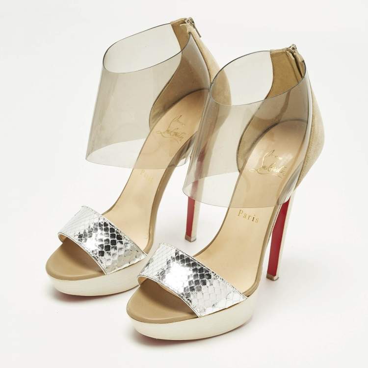 Pre Owned Christian Louboutin Dufoura Size 38 Tricolor Python Embossed Leather and Suede Sandals