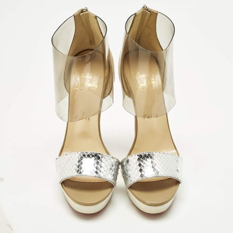 Pre Owned Christian Louboutin Dufoura Size 38 Tricolor Python Embossed Leather and Suede Sandals