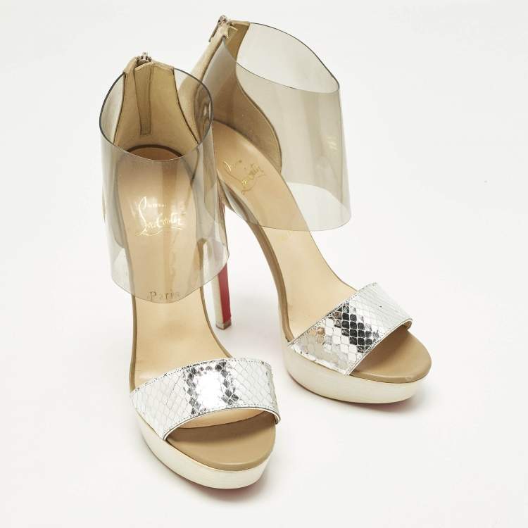 Pre Owned Christian Louboutin Dufoura Size 38 Tricolor Python Embossed Leather and Suede Sandals