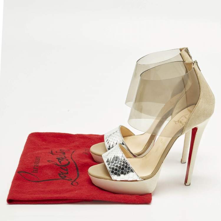 Pre Owned Christian Louboutin Dufoura Size 38 Tricolor Python Embossed Leather and Suede Sandals