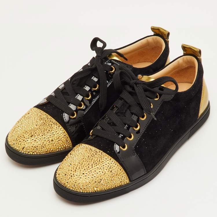 Pre Owned Christian Louboutin Gondola Strass Size 40.5 Black/Gold Suede and Patent Leather Low Top Sneakers