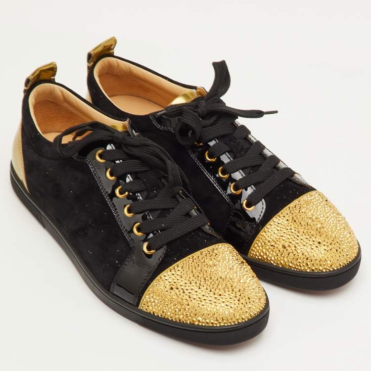 Pre Owned Christian Louboutin Gondola Strass Size 40.5 Black/Gold Suede and Patent Leather Low Top Sneakers