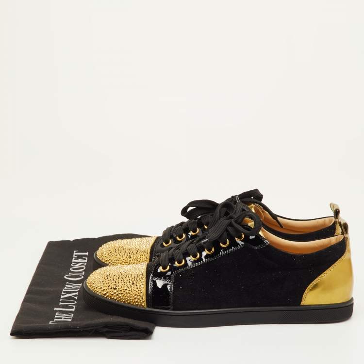 Pre Owned Christian Louboutin Gondola Strass Size 40.5 Black/Gold Suede and Patent Leather Low Top Sneakers