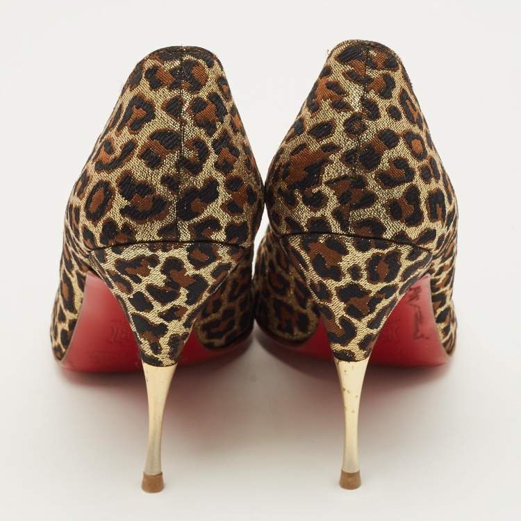 Pre Owned Christian Louboutin Yoyospina Size 39 Gold Metallic Leopard Print Lurex Fabric Peep Toe Pumps