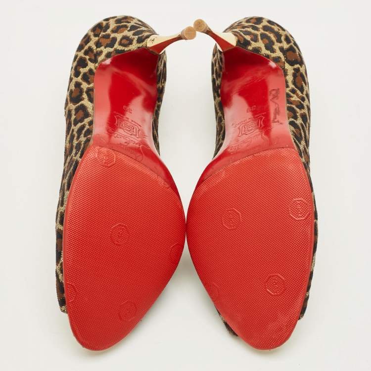 Pre Owned Christian Louboutin Yoyospina Size 39 Gold Metallic Leopard Print Lurex Fabric Peep Toe Pumps