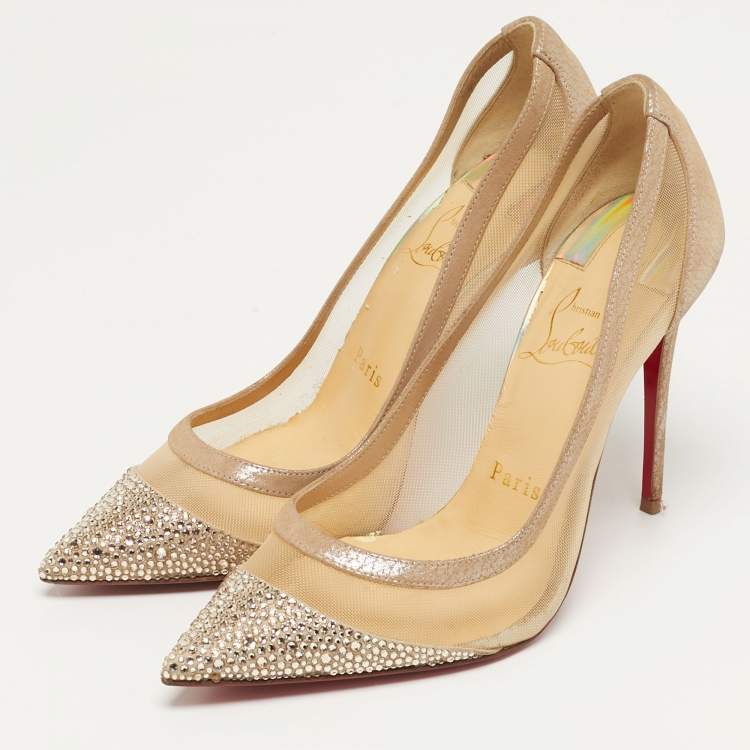 Pre Owned Christian Louboutin Galativi Strass Size 37 Beige Leather and Mesh Pumps