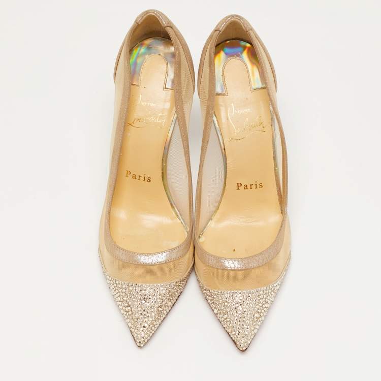 Pre Owned Christian Louboutin Galativi Strass Size 37 Beige Leather and Mesh Pumps