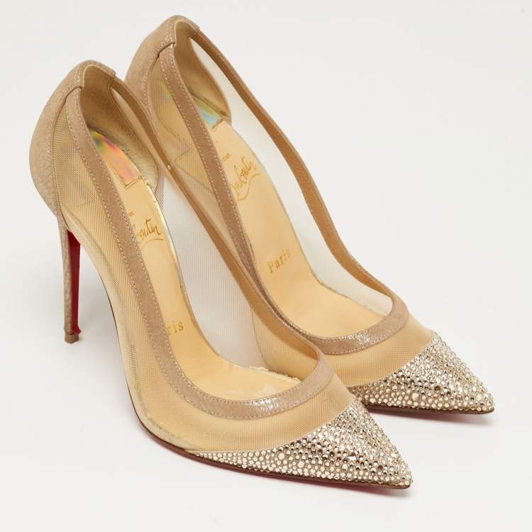 Pre Owned Christian Louboutin Galativi Strass Size 37 Beige Leather and Mesh Pumps