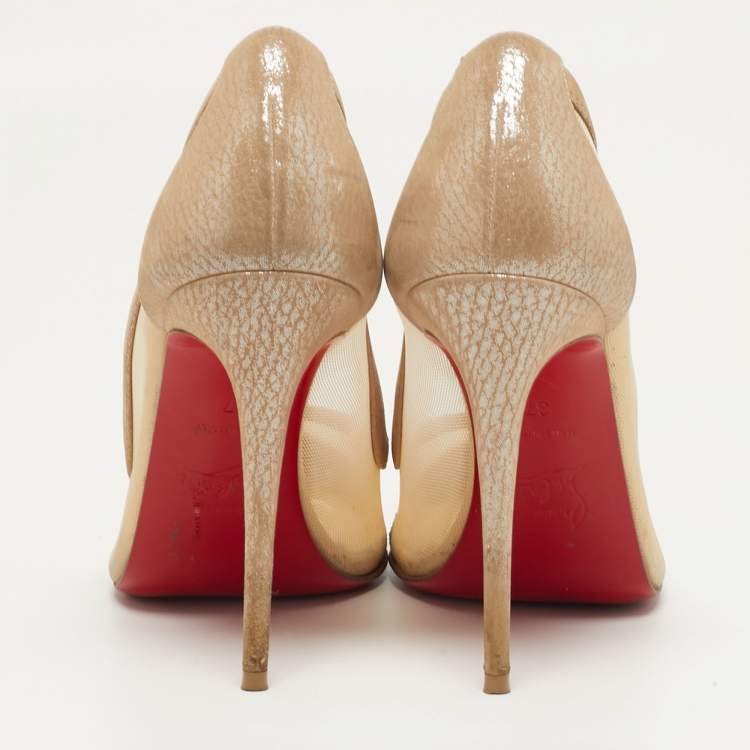 Pre Owned Christian Louboutin Galativi Strass Size 37 Beige Leather and Mesh Pumps