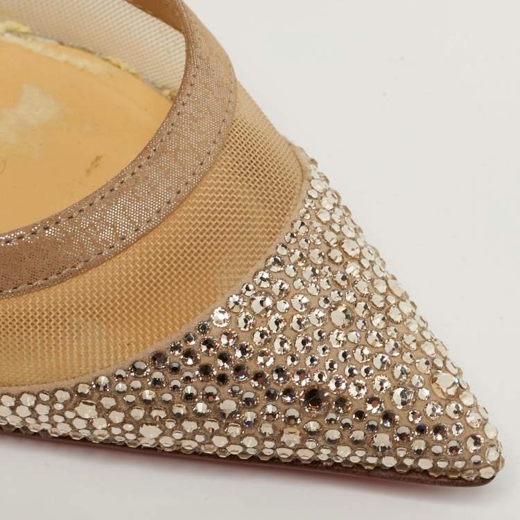 Pre Owned Christian Louboutin Galativi Strass Size 37 Beige Leather and Mesh Pumps