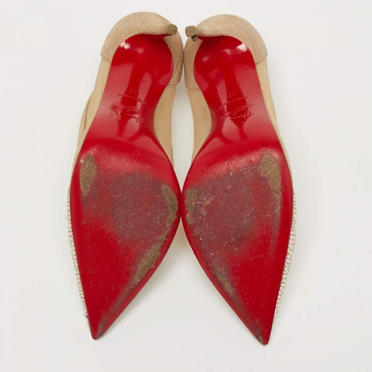 Pre Owned Christian Louboutin Galativi Strass Size 37 Beige Leather and Mesh Pumps