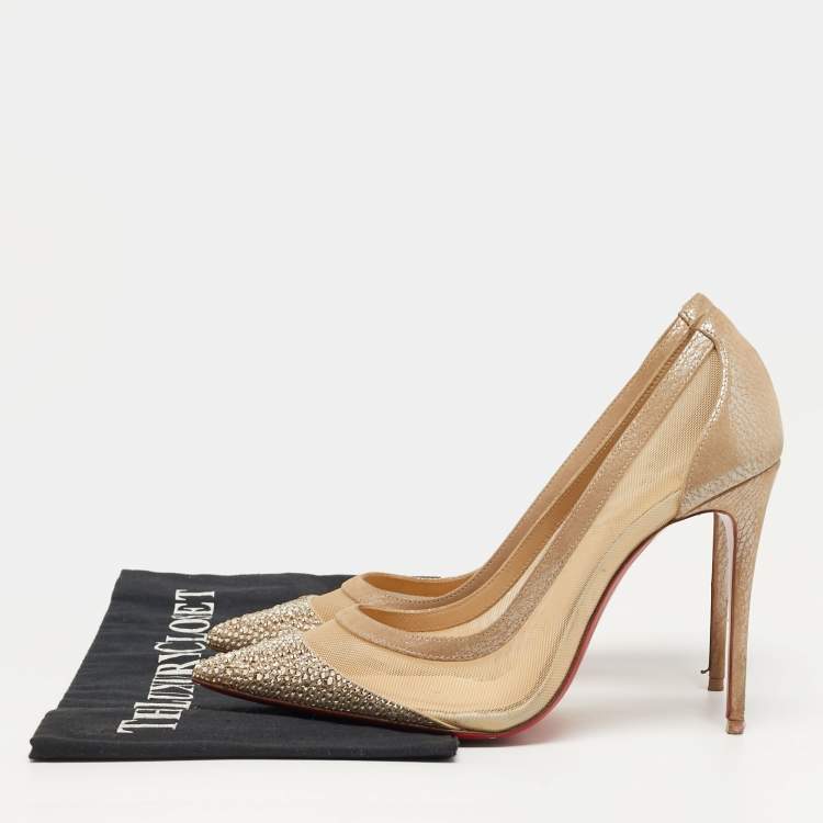 Pre Owned Christian Louboutin Galativi Strass Size 37 Beige Leather and Mesh Pumps
