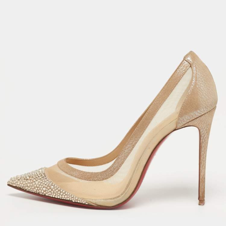 Pre Owned Christian Louboutin Galativi Strass Size 37 Beige Leather and Mesh Pumps