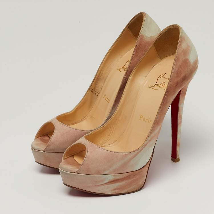 Pre Owned Christian Louboutin Lady Peep Size 36.5 Beige/Pink Leather Peep Toe Pumps