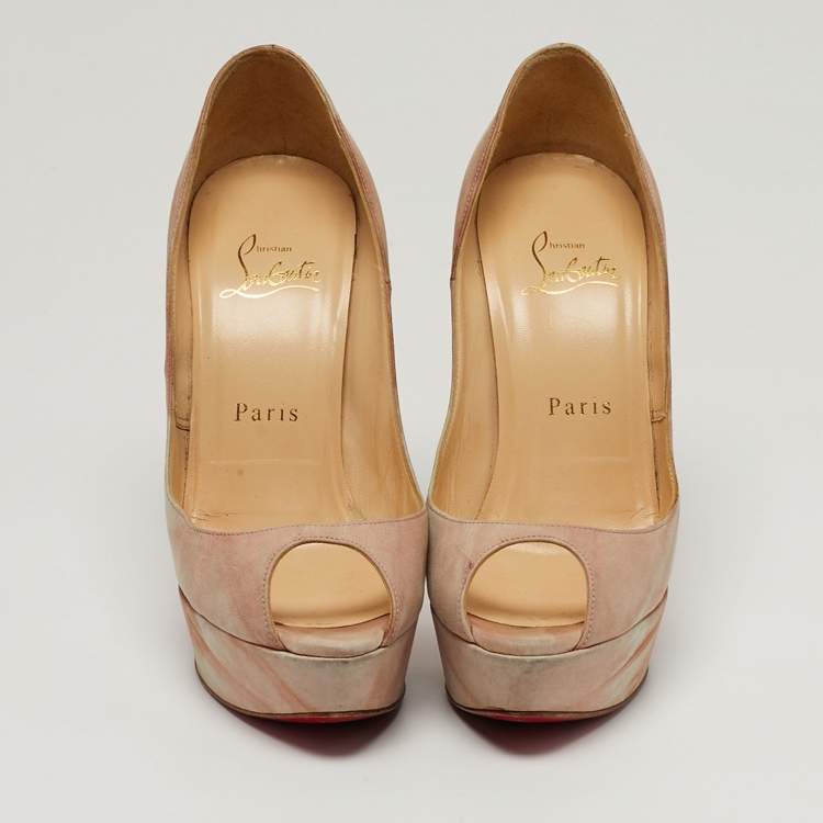 Pre Owned Christian Louboutin Lady Peep Size 36.5 Beige/Pink Leather Peep Toe Pumps